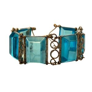 Vintage 50s 60s Blue Lucite Panel Link Gold Tone Wire Bracelet